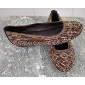Donald J Pliner Hasin Brown Gold 6.5 Beaded Ballarina Aztec Tribal Flats ITALY